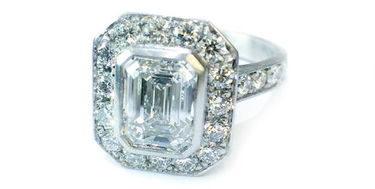 Platinum diamond emerald cut halo ring