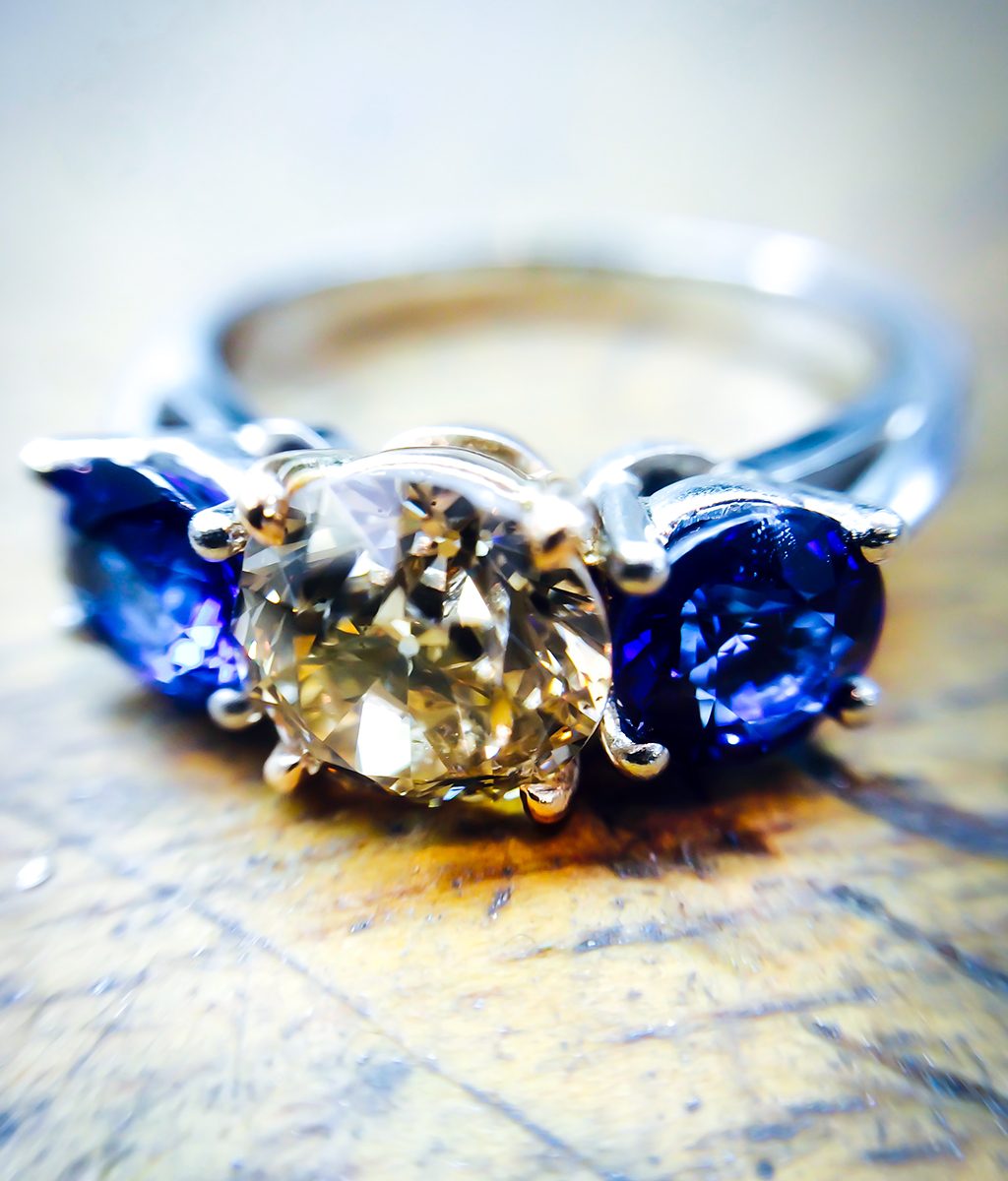 Old Cut Diamond & Sapphire Trilogy Engagement Ring