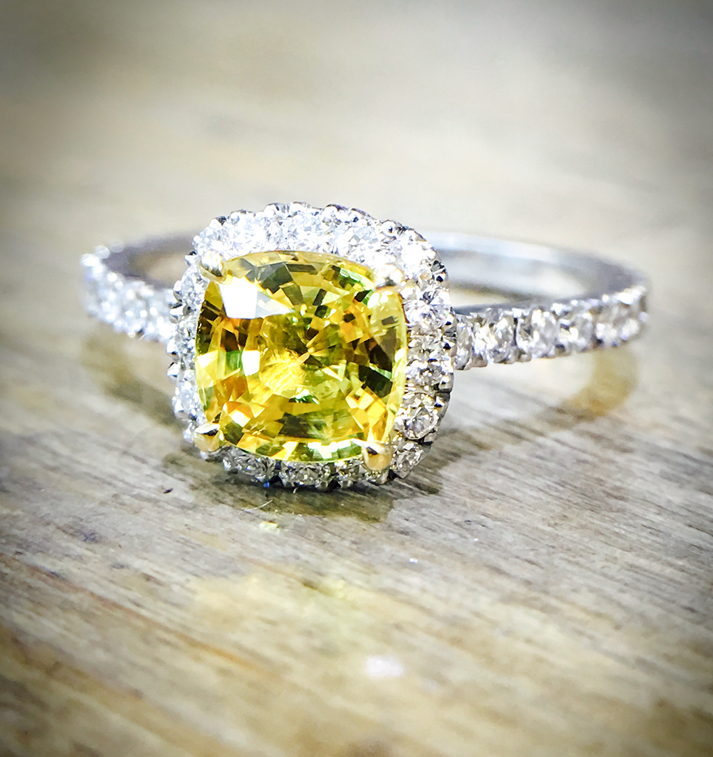 Yellow sappire platinum and diamond engagement ring