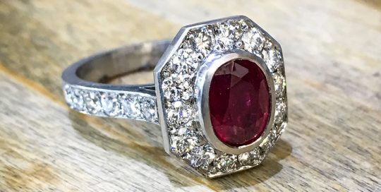 Ruby and diamond platinum engagement ring